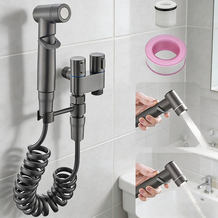 Set dus Pentru Igiena  cu Pulverizator de Apa Din Alama Pentru Toaleta  Economizor de Spatiu cu Control Dual Evacuare cu Unul in Doua Supapa Unghiulara  Gri
