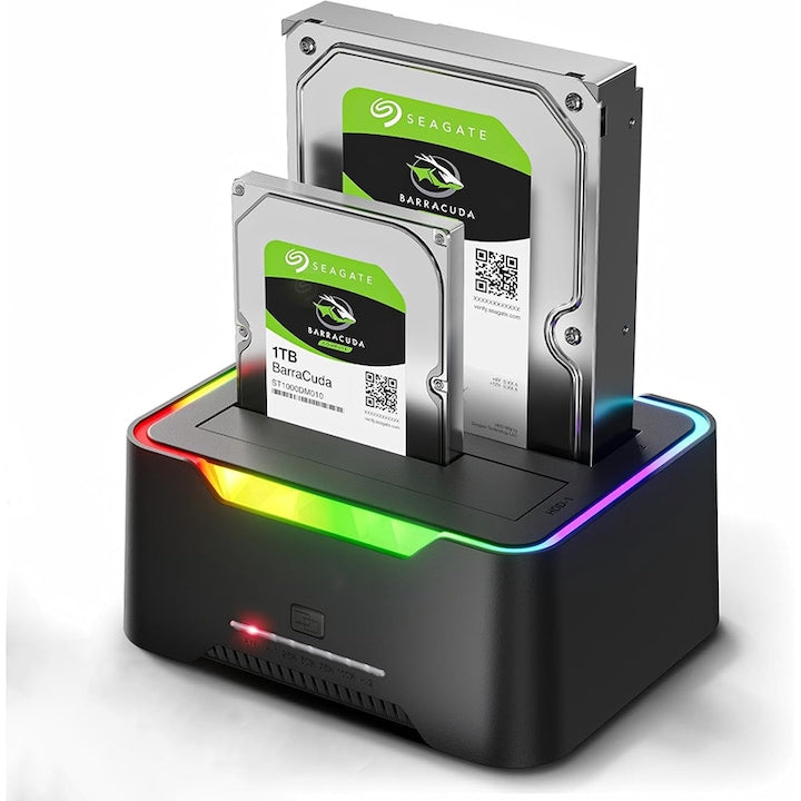 Statie de andocare pentru hard disk RGB  Rqiurpn  Docking Station Dual  USB 3.1  functie de clonare offline  iluminare RGB  compatibila cu HDD/SSD 2.5/3.5 inch  Pana la 5Gbps  Negru