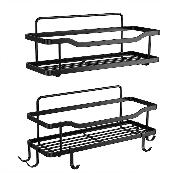 Set de doua rafturi pentru baie  design ajurat  rezistent la umezeala  din fier  pentru bucatarie sau dormitor  33x15x11cm  negru