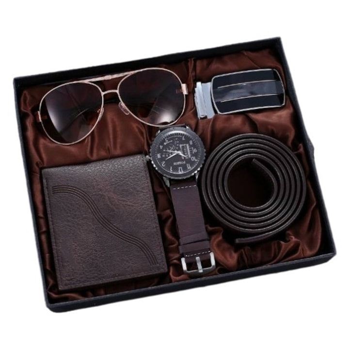 OEM - Men's Gift Set: eco-leather wallet, sunglasses, mechanical watch, belt, dark brown, 10x9x4cm 12 interest-free installments