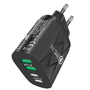 Incarcator Retea Fast Charge 40W  4 Porturi  AHA Incarcare Rapida Simultana  Adaptor Priza  Universal  cu Tehnologie Quick Charge QC 3.0 si Power Delivery PD 40W  2x USB-C si 2x USB-A  pentru Telefon  Tableta  iPhone  Samsung  Huawei  Negru