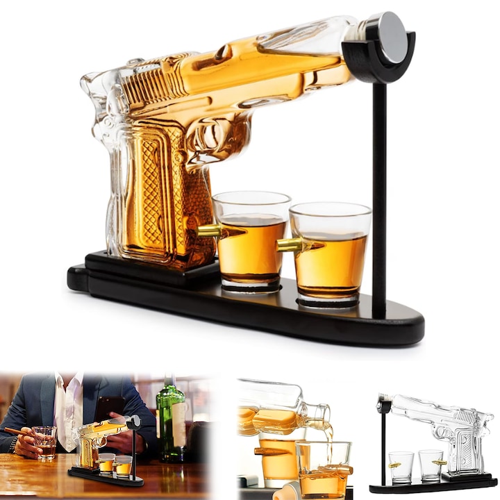 Set Decantor  Set Decantor Whiskey Tip Pistol Stativ Lemn cu 2 Pahare 9 Oz Design Elegant Cutie Cadou  pentru pub-uri petreceri case