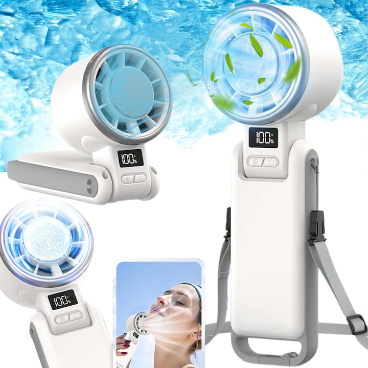 Ventilator de Mana Portabil  Swejah 3600mAh 5 Viteze 4 Pana la 13 Ore 3 in 1 Ultra-Compact  Reincarcabil  Zgomot Redus  ABS  cu USB si Lanyard  Afisaj Digital  Pliabil 180°  pentru Vara  Ideal pentru Calatorii  Camera  Birou  Terasa  Alb