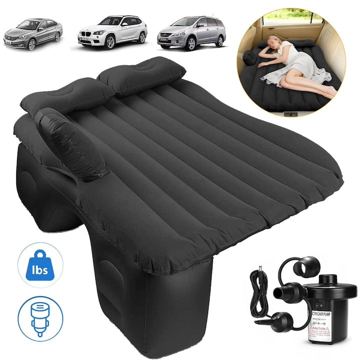 CHOOLY Inflatable Car Mattress with Electric Air Pump, Set with 2 Pillows, Black, 135x80x45cm