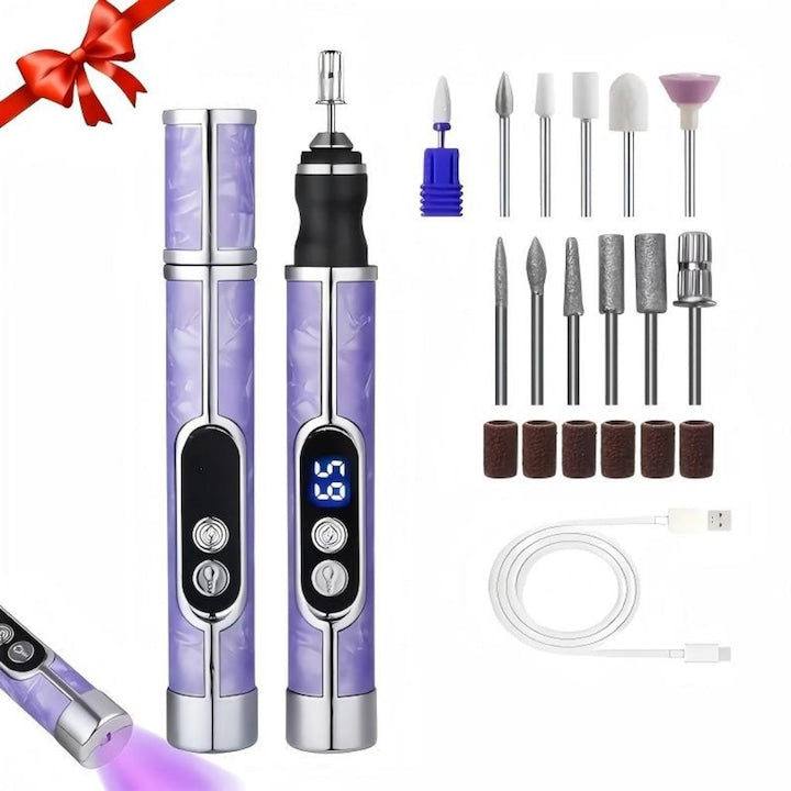 Freza Unghii Electrica Profesionala Wireless  Manichiura si Pedichiura  12 Capete + 6 Benzi Abrazive  5 Viteze  Lampa UV LED  Cuticule si Calcaie  Mov