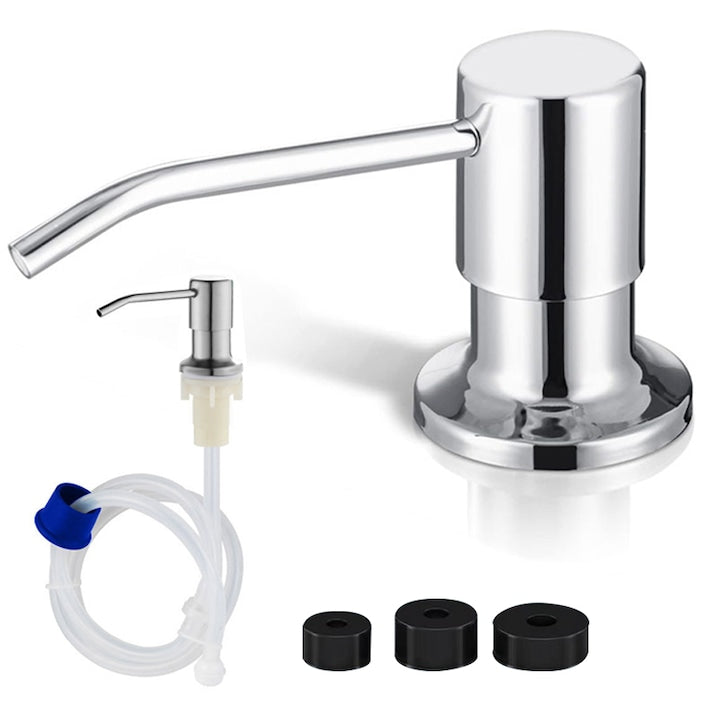 Liquid soap/detergent dispenser ZOUN, countertop or sink mount, 304 stainless steel, with 1.2 m extension tube and 3 lid sizes 22-28 mm, suitable for 24-40 mm holes, sturdy and durable, free rotation, silver