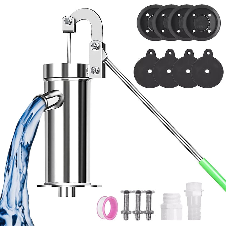 Stainless Steel Manual Water Pump, complete kit with gaskets, Teflon tape, connector and hose adapter, 44 cm extended handle, extraction up to 10 m, Silver
