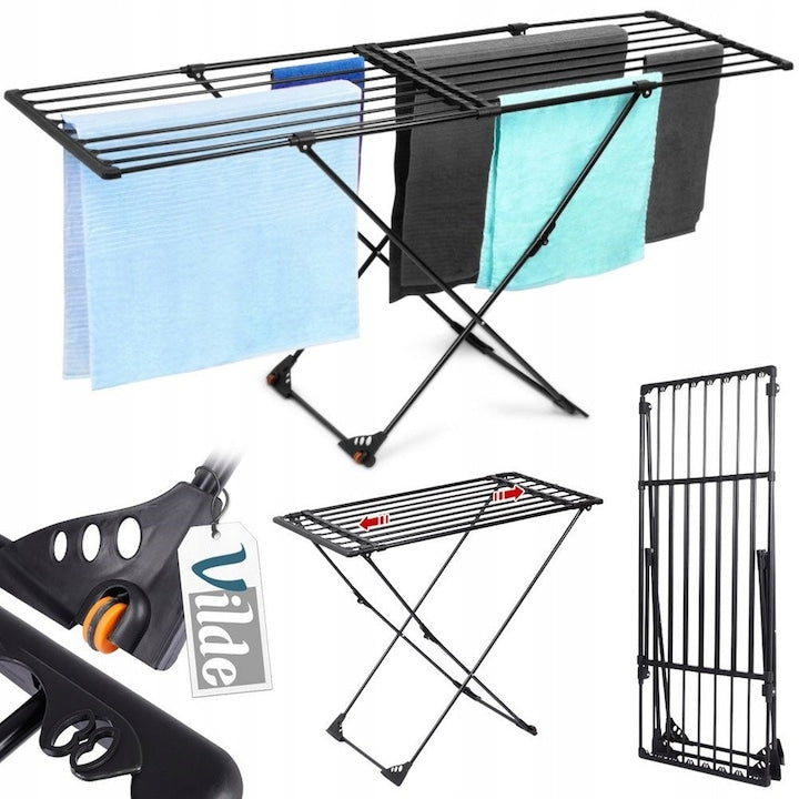 Uscator De Rufe  Vilde  XXL  189x56x90 cm  131x56x9 cm  Extensibil  Lungime Reglabila De La 110 cm La 189 cm  Fabricat Din Metal  Dispune De 16 Locuri Suplimentare Pentru Uscat Rufe  Echipat Cu Roti Pentru O Mutare Usoara  Negru