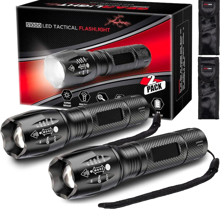 Set 2 Lanterne LED Elindor® 1040 Lumeni  5 Moduri Iluminare  Fascicul cu Zoom  Baterii AAA  Lanterna Tactica Puternica Rezistenta la Apa si Lovituri  Luminoase  Ideal pentru Vanatoare  Cort  Camping  Negru