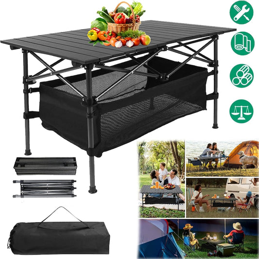 Masa turistica pliabila  masa camping portabil.cadru din aluminiu  picioare antiderapante.Structura robusta  asamblare usoara  usoare  rezistente.Potrivit pentru camping  picnicuri si gratare.Cu cos de plasa si o geanta de depozitare.96x55x48cm  Negru