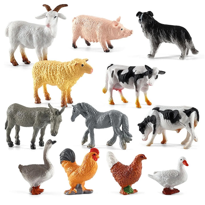 Set of 12 farm animal figures, PVC, multicolor