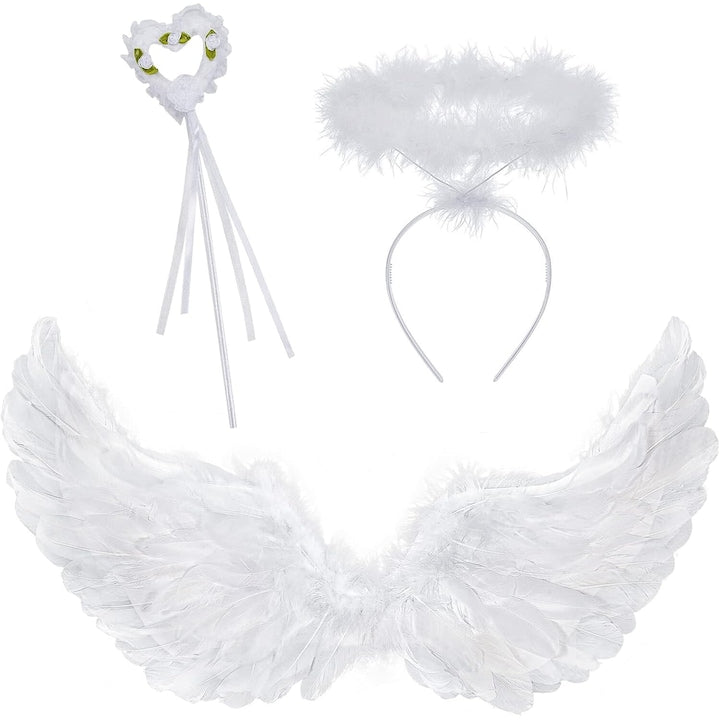 Angel costume with 60 cm white wings for children and adults with headband and magic wand, white