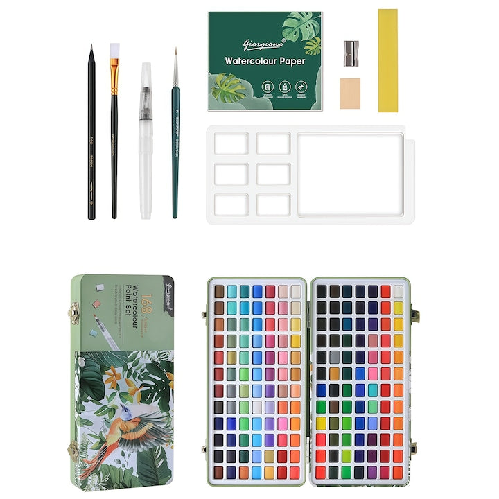 168 Colors Watercolor Set  168-color watercolor painting set in a metal box with a water brush  168 vibrant colors  Pearlescent solid watercolor  concentrated pigment  bright colors  high transparency  green materials，mul