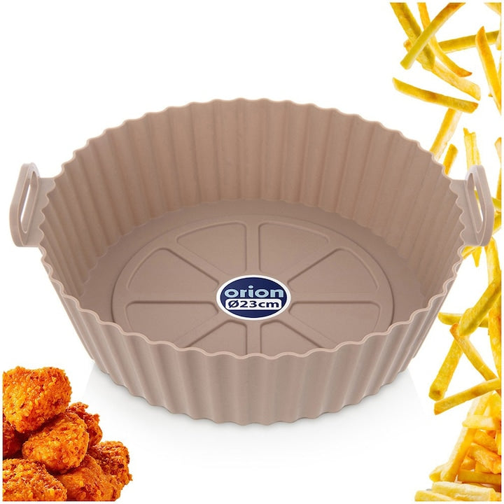 Insertie Pentru Friteuza Air Fryer  Orion  23x8 cm  Inel Reutilizabil Pentru Friteuza De Forma Rotunda Cu Manere  Fabricat Din Silicon  Rezistent La Temperaturi Intre -20°C Si 230°C  Dotat Cu Doua Manere Pentru Transport Usor  Bej