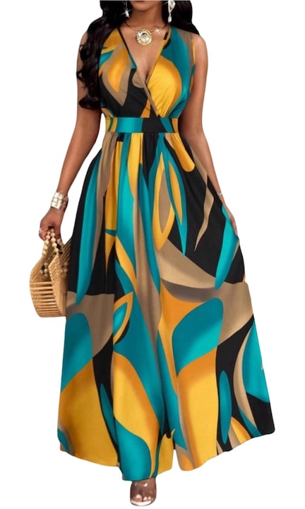 OEM - Casual multi-colored long dress with V-neckline 12 interest-free installments