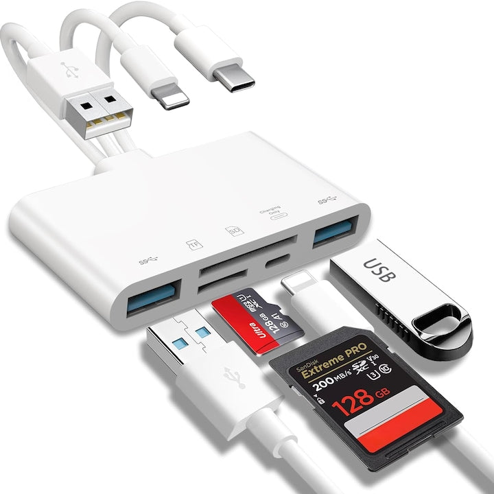 Cititor de carduri de memorie 5-in-1  Cu patru porturi diferite  Transmisie bidirectionala  Plug and Play  Usor de partajat fotografii sau fisiere  Portabil  Compatibil laptop  telefon  tableta  OUYLAF  Alb