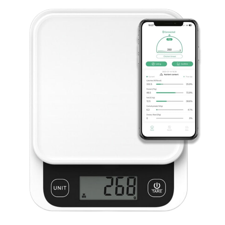 Smart Food Scale  24 Nutritional Food Indicators  Calorie, Protein, Fat, Cholesterol Calculator  Daily Calorie Tracking  iOS/Android App  Apple Health & Fitbit Integration  Healthy Eating