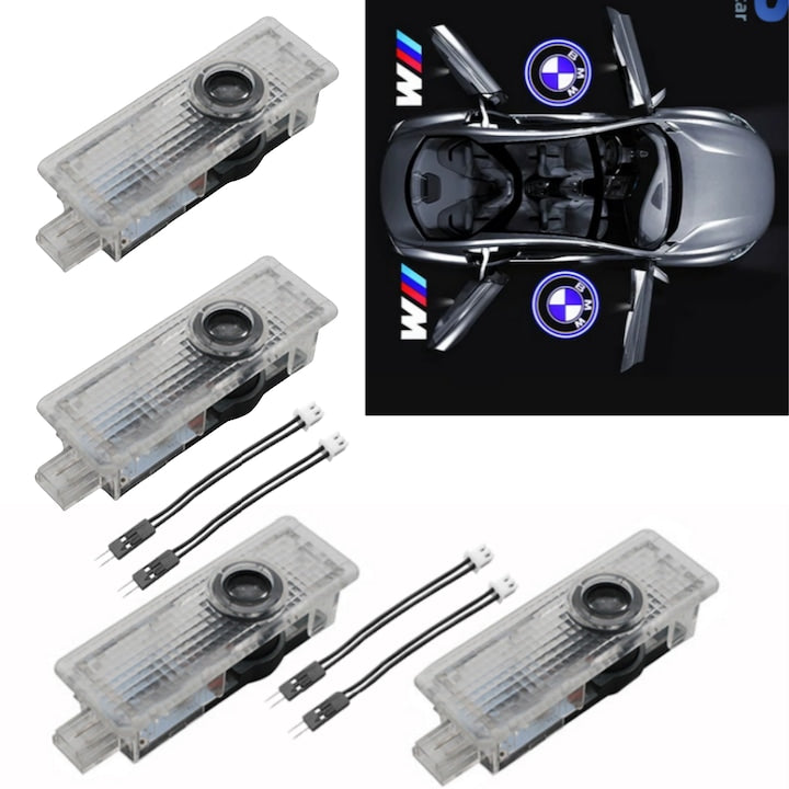 Set of 4 LED projectors with BMW and M logo, car holograms. Plug & Play installation. Clear projection. High durability. Car door lights compatible with BMW 1, 2, 3, 4, 5, 6, 7 Series, E90, E91, E92, F30, F31, F34, E65, E66, 430i, 435i, 440xi.
