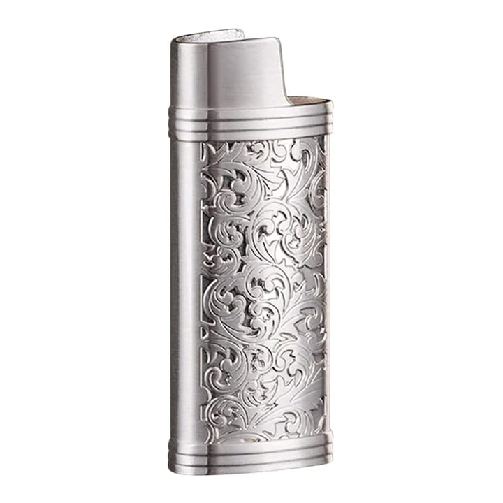 Husa metalica pentru bricheta J6 BIC  reutilizabila  elegante vintage  80 mm x 28 mm x 18 mm  argintiu