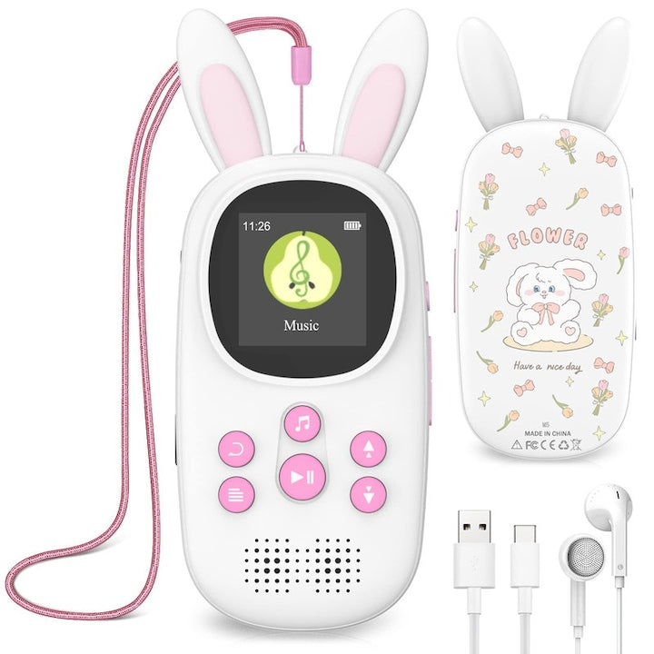 Kids MP3 Player with Bluetooth 5.0, Bytelike, 1.54-inch Screen, with Headphones, Built-in HD Speakers, FM Radio, Alarm Clock, Games, Video Playback, 32 GB, Pink