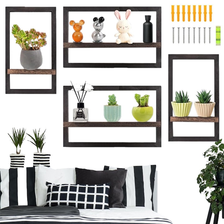 Set of 4 Square Floating Wooden Wall Shelves, Hanging Storage Shelves, Plant Stand Display Shelves, Decorative Wall Mounted Shelf Decor for Bedroom Living Room