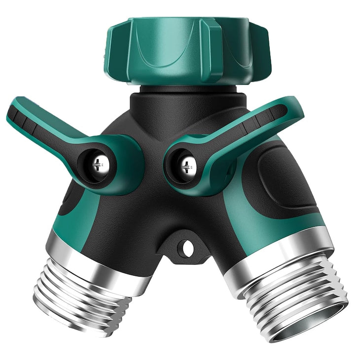 Splitter for 2-way water hose, garden hose adapters for faucets, 3/4", corrosion resistant, with tap and valves, with tap and valves, adjustable flow, easy to install, Rubber/Alloy, OUYLAF, green