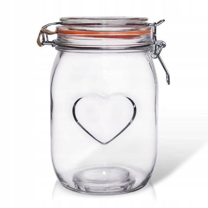 Borcan Din Sticla  Orion  1 L  11x11x17 cm  Sticla  Inchidere Etansa Cu Garnitura Din Cauciuc  Model Embosat Cu Inima  Transparent