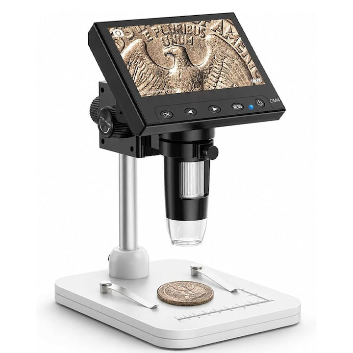 Microscop Digital  Omelivon  50X-1000X  Ecran 4.3 inch  8 LED-uri  Imagine FullHD  Baterie Reincarcabila  Suport Ajustabil  Portabil  Compatible with Windows/MacBook  Pentru Monede  Bijuterii  Educatie STEM  Negru/Alb