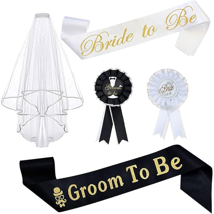 Bride/Groom Bachelor Party Kit, 5 Pieces, Black and White Ribbon, Bride to Be/Groom to Be, Bride and Groom Badges with Veil Tiaras, Satin, Party Decorations