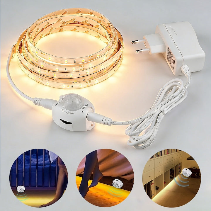 Warm White LED Strip, 3m, 180 lights, 12V, Motion Sensor, Flexible, Energy Efficient, IP65 Waterproof, 2835SMD, Adjustable Lighting Duration, Versatile Lighting