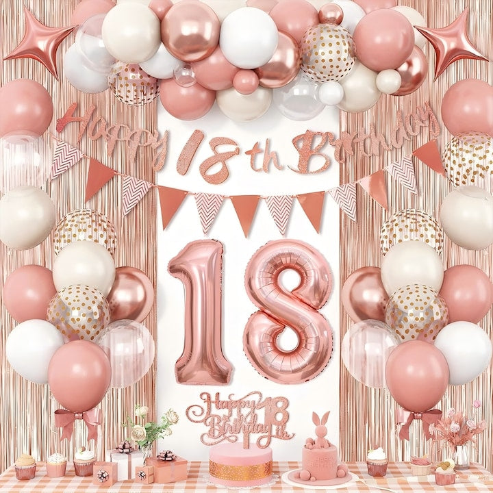 Set Baloane Petrecere 18 Ani Rose Gold Alb - Banner La Multi Ani 18  Numar 18 XXL  Perdea Franjuri 1x2m + Baloane Latex