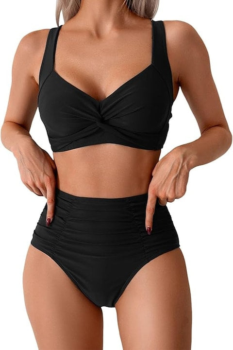 SINBINTA - Women's 2-piece swimsuit, Push-up, Adjustable straps, Removable pads, High-waisted, Pleated, For tropical vacations, summer, beach and pool, honeymoon, cruise, Cotton, Black, Black 12 interest-free installments