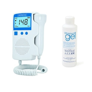 Monitor fetal Doppler  Invincio  pentru monitorizare functii vitale fat intrauterin  set cu gel ultrasunete  Zero radiatii  detectarea batailor inimii/pulsului fatului  pentru gravide  portabil  alb/albastru