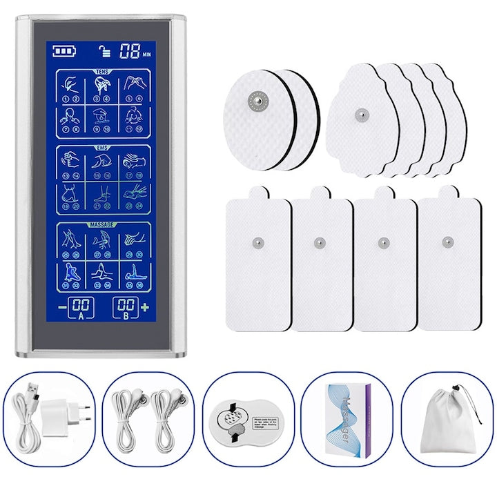 Aparat de Masaj cu Electrostimulare si Fizioterapie  Functii TENS si EMS  Stimulator Dual Channel  36 Moduri  20 Niveluri de Intensitate  10 Electrozi  Control Digital  Pentru ameliorarea durerilor de gat  spate si brate  Argintiu