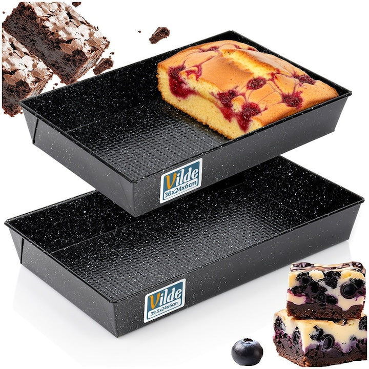 Set 2 Tavi De Copt  Vilde  Standard  Dimensiuni 36x24 cm Si 39.5x24 cm  Negru Granit  Otel Carbon Cu Invelis Antiaderent  Tava Dreptunghiulara Pentru Prajituri Si Friptura Cuptor