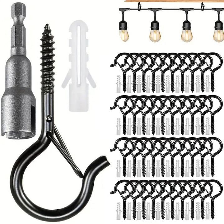 Set de 40 de carlige tip Q  ZOUN  cu dopuri de cauciuc extensibile  surubelnita  constructie durabila din otel  potrivite pentru agatare  sustinere  instalare usoara  cu cutie de depozitare  negru