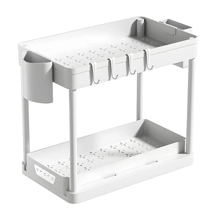 Raft de depozitare mobil  organizator pentru bucatarie/baie  cu 2 polite  carucior multifunctional  raft cu mai multe etaje  39.5*21.6*37cm  Alb