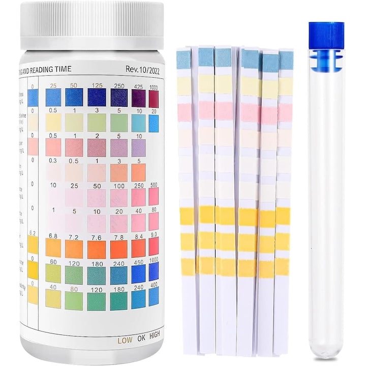 Set testare apa acvariu  100 benzi 9 in 1  pentru fier  Cupr  Nitrat  Nitrit  Clor  Duritatii Totale  Alcalinitatii Totale  Carbonat  PH