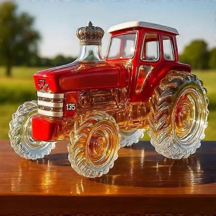 Decantor de whiskey  model tractor rosu  sticla rezistenta  design modern