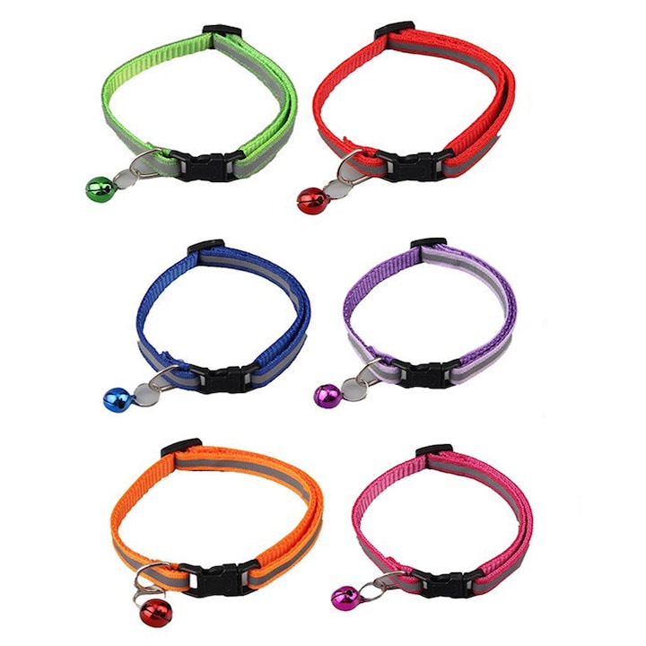 Set 6 Zgarda  zggzerg  cu clopotel  detasabil  Design reflectorizant pentru a preveni pierderea pe timp de noapte  Lungime reglabila  19-32cm  pentru caini si pisici  Multicolor