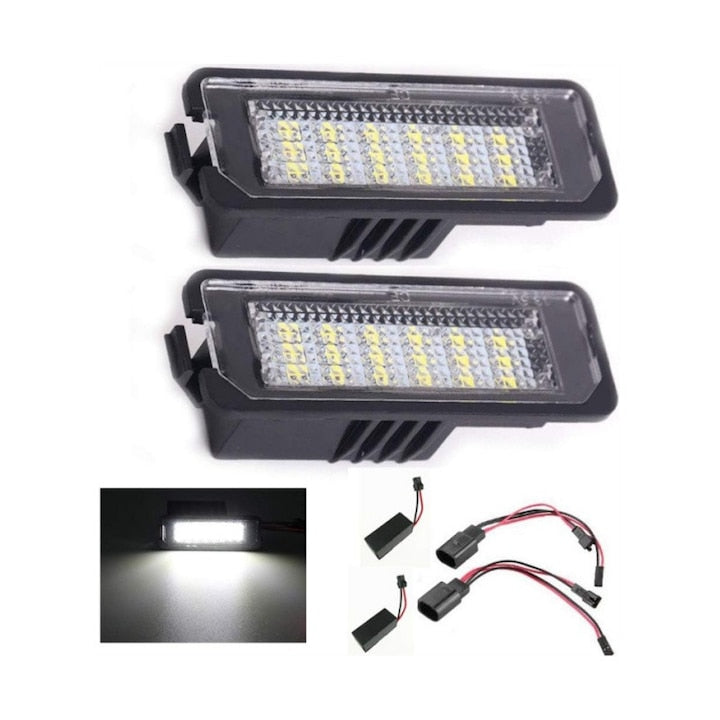 Set 2 Lampi Numar LED Canbus，AjieQaQ，fara Eroare  Compatibil VW Golf 4/5/6/7  Passat B7  Passat CC  Polo  Lupo  Skoda  SEAT  Iluminare Puternica 6000K  18 LED-uri SMD  Consum Redus  Instalare Plug & Play  Durata Lunga de Viata