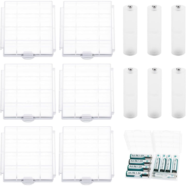 Set of 6 AA/AAA Battery Storage Cases with 6 AAA to AA Battery Adapters, Dust-proof, Plastic, Transparent