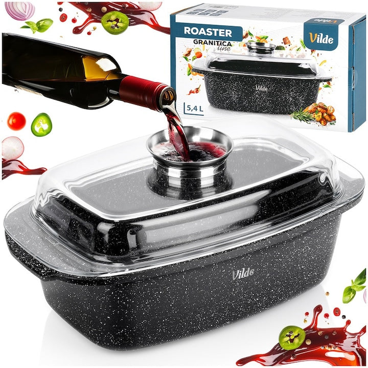 Cratita Dreptunghiulara Cu Acoperire De Granit Si Capac  Vilde  5.4 l  39x22 cm  Negru  Din Aluminiu Turnat  Strat Antiaderent  Capac Din Sticla Cu Picurator Pentru Lichide  Compatibila Cuptor Si Inductie  Ideala Pentru Friptura Si Inabusire