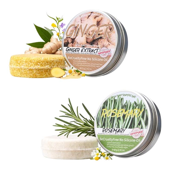 Set sampon solid pentru cresterea parului  1 x Sapun cu Ghimbir si 1 x Sapun cu Rozmarin  formula naturala  100g x 100g