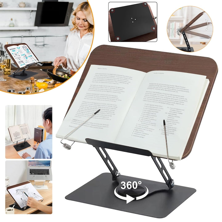 Adjustable Book Stand for Reading Foldable Book Holder with 360° Rotating Base Cookbook Stand with Elastic Page Clips for Music Scores Recipes Magazines Laptops