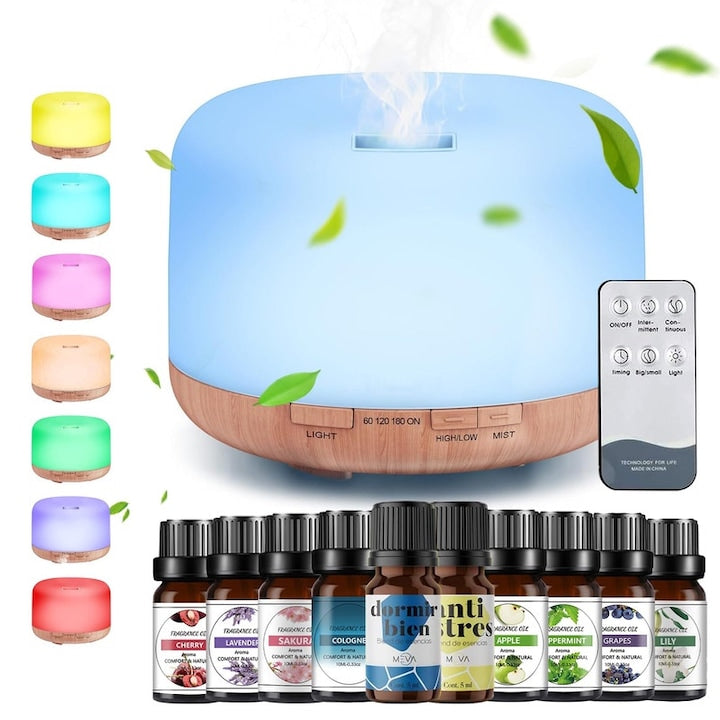 Aroma Diffuser, LED Essential Oil Diffuser with 7 Colors, 500ml Tank, Humidifier Function, Timer Modes, Silent, For Home, Office, Living Room, Baby Room, Set with 10 Essential Oils, Brown