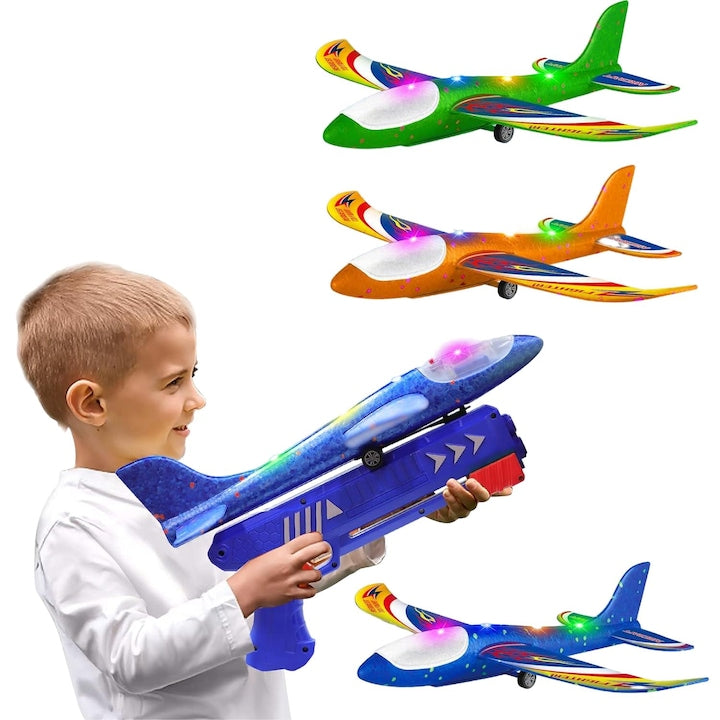 Set 3 Jucarii Zburatoare cu Lansator  Nicerpro  3 Avioane din Spuma  Multicolor  6-12 ani