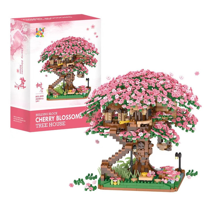 Set de cuburi pentru casa in copac cu flori de cires  ZOUN  material ABS sigur  pentru copii de peste 6 ani  constructie 3D  educativ  2008 piese  cadou perfect pentru copii si adulti  multicolor