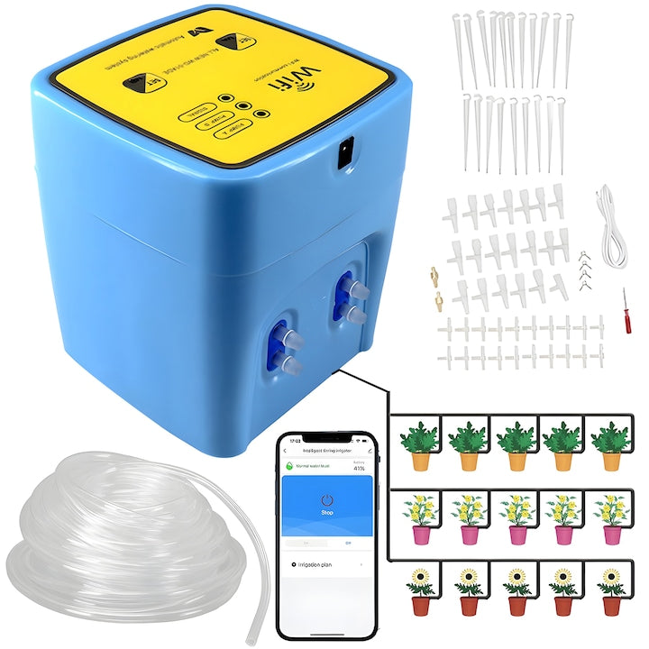 Sistem de Irigare Automat  Kit de Irigat Wifi La Radacina Plantelor  Florilor  Dispozitiv de Udare Automata Smart  Pentru 20 Ghivece  Sistem Inteligent cu Doua Pompe  Control Prin Aplicatie  2 Moduri de Temporizare  Albastru/Galben
