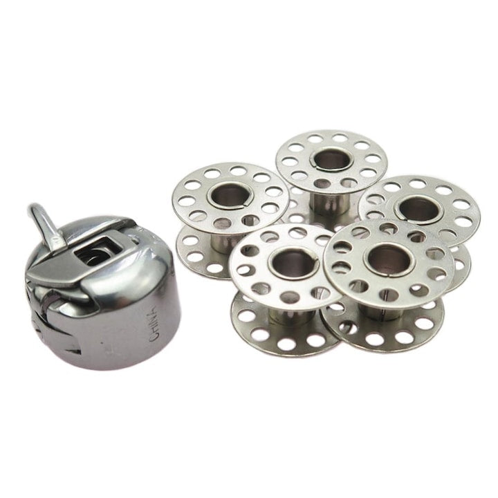Set of 6 Craft Sewing Tools includes 1 Sewing Machine Bobbin Case and 5 Metal Bobbins Silver